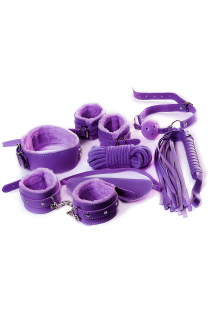Ролевая игра в стиле БДСМ Штучки-Дрючки, фиолетовый: маска, наручники, оковы, ошейник, флоггер, кляп, контракт, 20 карточек со сценариями