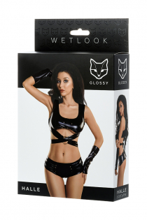 Комплект Glossy из материала Wetlook (топ, мини-шорты и перчатки), черный, S