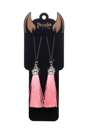 Зажимы на соски «вилки» с кисточками из шелка Pecado BDSM, металл, розовый